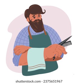 Vector portrait of a bearded stylish man, barber, hairdresser, stylist with scissors and a comb in his hands.