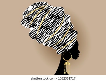 Vector Portrait beautiful African woman in traditional turban, Kente head wrap, dashiki printing, black afro women vector silhouette Africa batik, ethnic zebra decoration cloth, hairstyle concept logo