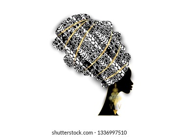 Vector Portrait beautiful African woman in traditional turban, Kente head wrap, dashiki printing, black afro women vector silhouette Africa batik ethnic decoration cloth, hairstyle concept logo