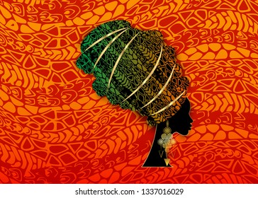 Vector Portrait beautiful African woman in traditional turban, Kente head wrap, dashiki printing, black afro women vector silhouette Africa batik ethnic decoration cloth background, hairstyle concept 