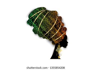Vector Portrait beautiful African woman in traditional turban, Kente head wrap, dashiki printing, black afro women vector silhouette in ethnic decoration cloth batik, gold earrings, hairstyle concept 