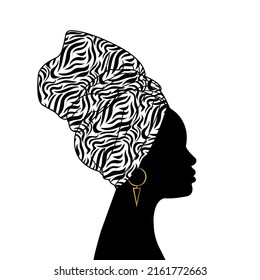Vector portrait beautiful african woman in traditional turban, kente head wrap, dashiki print, black afro woman vector silhouette africa batik, ethnic zebra cloth decoration, hairstyle concept logo