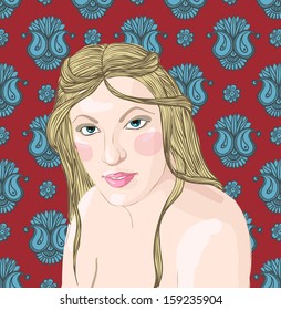 Vector portrait of a beautiful blond woman on the background of floral ornament