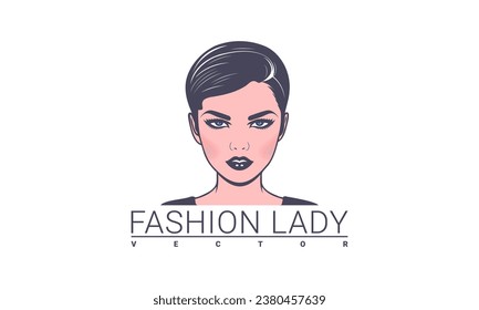 Vector portrait of a beautiful chic cute fashionable lady with short hair. Logo or emblem. Nice make up. White isolated background.