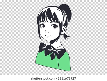 Vector portrait of a beautiful cute young girl in a sweater with bows. Nice lady. Isolated background.