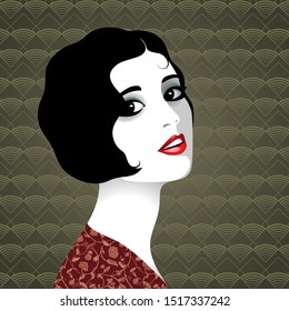 Vector portrait of beautiful elegant retro woman with short black hair, wearing dress with floral pattern against background with geometrical pattern