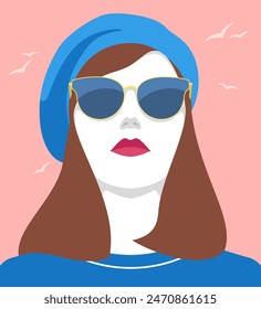 Vektorgrafik Porträt der wunderschönen eleganten jungen Frau, die mit goldener Sonnenbrille und Baskenmütze gegen den rosa Himmel mit fliegenden Vögeln aufsieht, eleganter französischer Stil, schlichte Vektorillustration