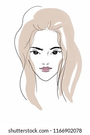 Vector portrait of a beautiful girl. Blonde, makeup. Illustration for printing, greeting card design, invitation. Simple line.