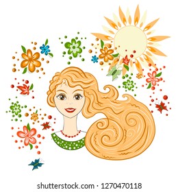 Vector, portrait of a beautiful girl, summer theme, spring. Flowers and sun, postcard, flyer spring and summer theme
