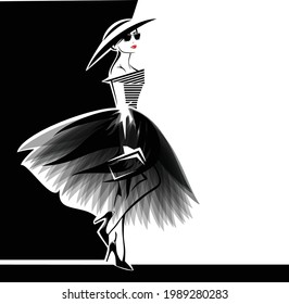 vector portrait of beautiful glamorous woman wearing stylish clothes - haute couture dress, fashionable high heels and wide brimmed hat with clutch bag