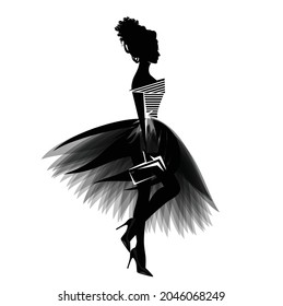 vector portrait of beautiful glamorous woman wearing stylish clothes - haute couture tulle tutu dress, fashionable high heels and clutch bag