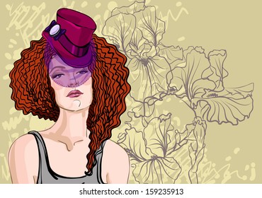  Vector portrait of a beautiful red hair woman in elegant hat on the background of floral ornament