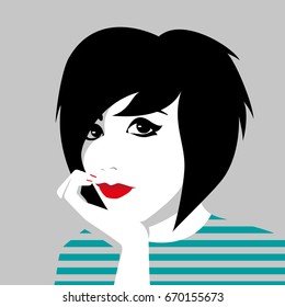 Vector portrait of beautiful thinking girl
