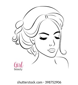 Vector portrait of beautiful woman, closeup of girl face with thick eyelashes and hair vector illustration. Web design, advertisement, journal, poster, banner, print decoration element 