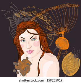 Vector portrait of a beautiful woman with red hair on the background of floral ornament