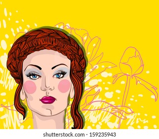 Vector portrait of a beautiful woman with red hair on the background of floral ornament