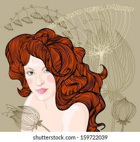 Vector portrait of a beautiful woman with red hair on the background of floral ornament