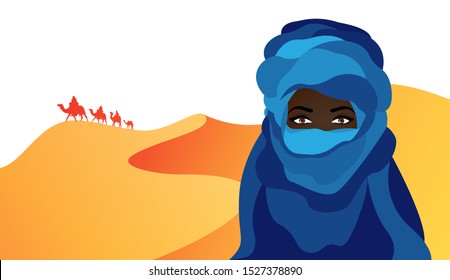 Vector portrait of beautiful woman wearing blue tuareg scarf. Young girl in national costume of african tribal nomads. Blue ethnic Turban and ancient clothes. Sand dunes in African desert background 