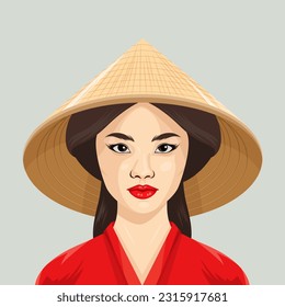 Vector Portrait of Beautiful Young Asian Woman with Chinese, Asian Traditional Conical Straw Hat, Vietnamese Triangle Nonla Hat, Non La Headdress. Asian Women Portrait in Front View