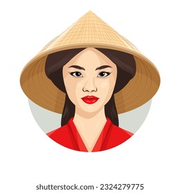 Vector Portrait of Beautiful Young Asian Woman with Chinese, Asian Traditional Conical Straw Hat, Vietnamese Triangle Nonla Hat, Non La Headdress. Asian Women Portrait in Front View