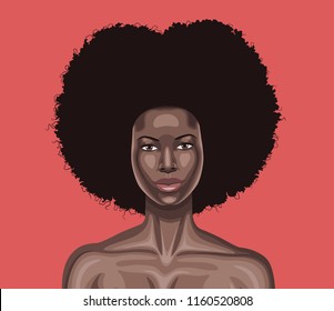 Vector portrait of beautiful young black woman with very long curly hair isolated on pink background