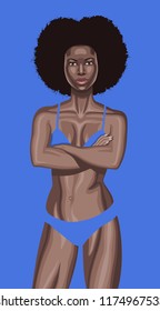 Vector portrait of beautiful young black woman wearing blue bra standing with arms folded isolated on blue background 
