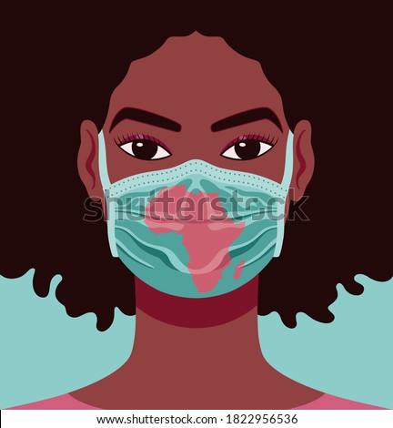 Vector portrait of beautiful young black woman wearing medical face mask with design of African continent
