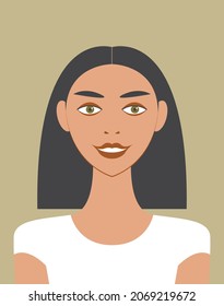 Vector portrait of a beautiful young brunette woman with makeup and hairstyle in a square of trendy colors. Concept avatar