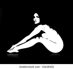 Vector portrait of a beautiful young brunettes nude sitting on a mirror-like surface