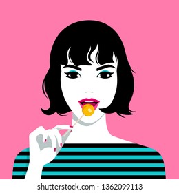 Vector portrait of beautiful young cute woman eating round orange lollipop wearing striped t-shirt against pink background