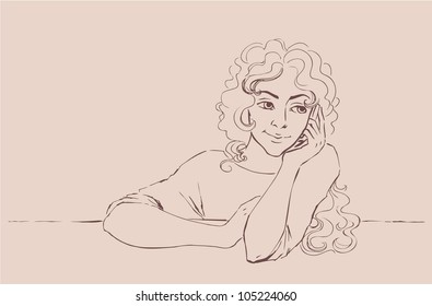 Vector portrait of a beautiful young girl talking on a cell