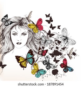 Vector portrait of beautiful young girl with  long hair and flying butterflies 