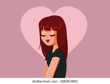 Vector Portrait of a Beautiful Young Girl Feeling in Love. Woman daydreaming of perfect romance feeling optimistic and hopeful
