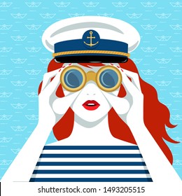 Vector portrait of beautiful young redhead woman, wearing striped shirt and navy cap, looking through binoculars against blue background with paper boats pattern