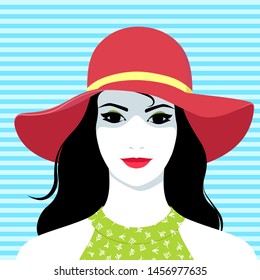 Vector portrait of beautiful young relaxed woman with long wavy black hair wearing big hat for sun protection and skin care during vacation traveling and green elegant dress