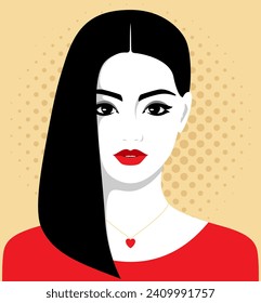 Vector portrait of beautiful young sweet lady, woman with full red lips and asymmetric hairstyle, wearing heart shaped red necklace against golden colored dotted background