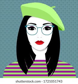 Vector portrait of beautiful young woman, student wearing glasses, green beret and striped dress against background with geometric pattern