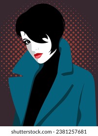 Vector portrait of beautiful young woman with red lips and short black hair looking up wearing warm coat or jacket against spotted background, simple vector illustartion