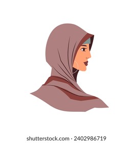 Vector portrait of beautiful young woman in a headscarf. Female face of a Muslim girl in profile isolated on a white background.