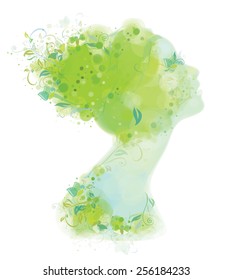 Vector portrait  beautiful young woman covered floral spring pattern.
