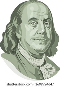 Vector portrait of Benjamin Franklin in front of the one hundred dollar bill