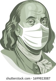 Vector portrait of Benjamin Franklin in medical mask. Covid-19.