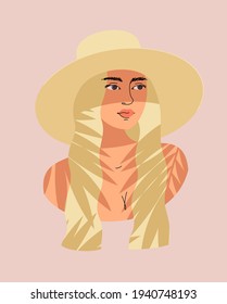 Vector Portrait Of Blonde Woman With Long Hair In A Swimsuit And A Hat Under The Shade Of A Palm Tree