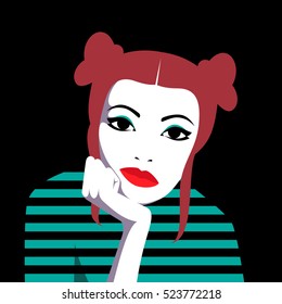 Vector portrait of bored beautiful redhead girl holding chin with her hand