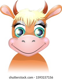 Vector portrait of brown cartoon character cow with big green eyes