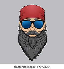 Vector portrait of a brutal, funny, bearded biker in red bandana