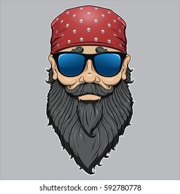 Vector portrait of a brutal, funny, bearded biker in red bandana with skulls pattern