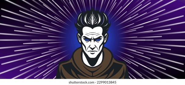 Vector portrait of a brutal young man with an evil look, dead white skin and blue eyes against the background of flying rays, space jump.