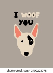 Vektorporträt von Bullschrecker. Cartoon-Illustration mit Hund und Schriftzeichen "I woof you" für Druck, Poster, Aufkleber oder Karte.