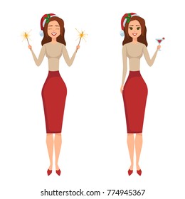 Vector Portrait of cartoon young attractive celebrating woman holding sparkles and glass.Happy Girl in Santa Claus hat  isolated from white background.Brunette woman having fun with a sparkler